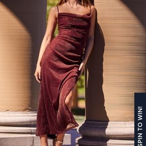 “Next Please” burgundy cowl neck long dress